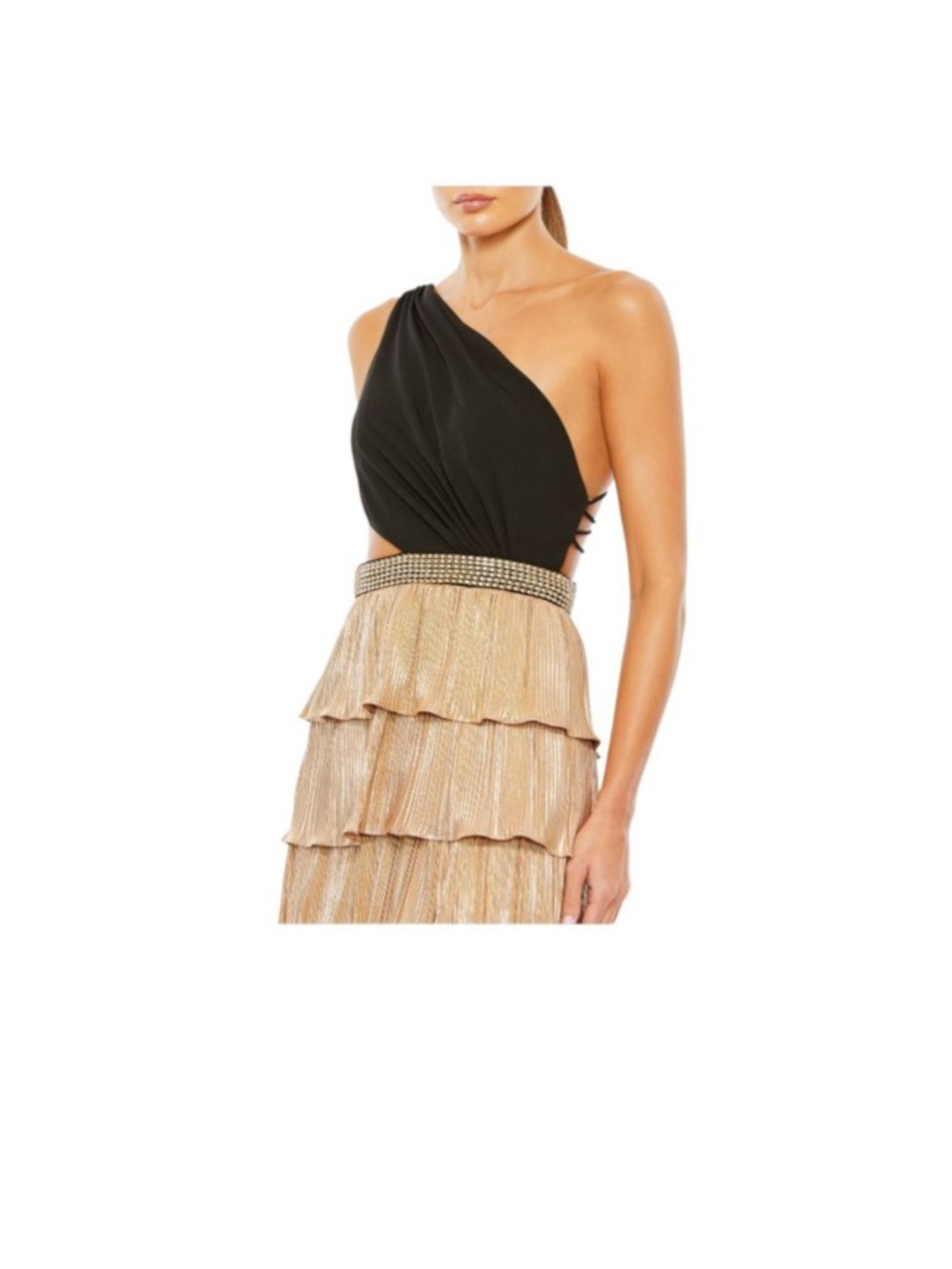 Mac Duggal One Shoulder Gold & Black Tiered Gown, Size 10 - Picture 6 of 17